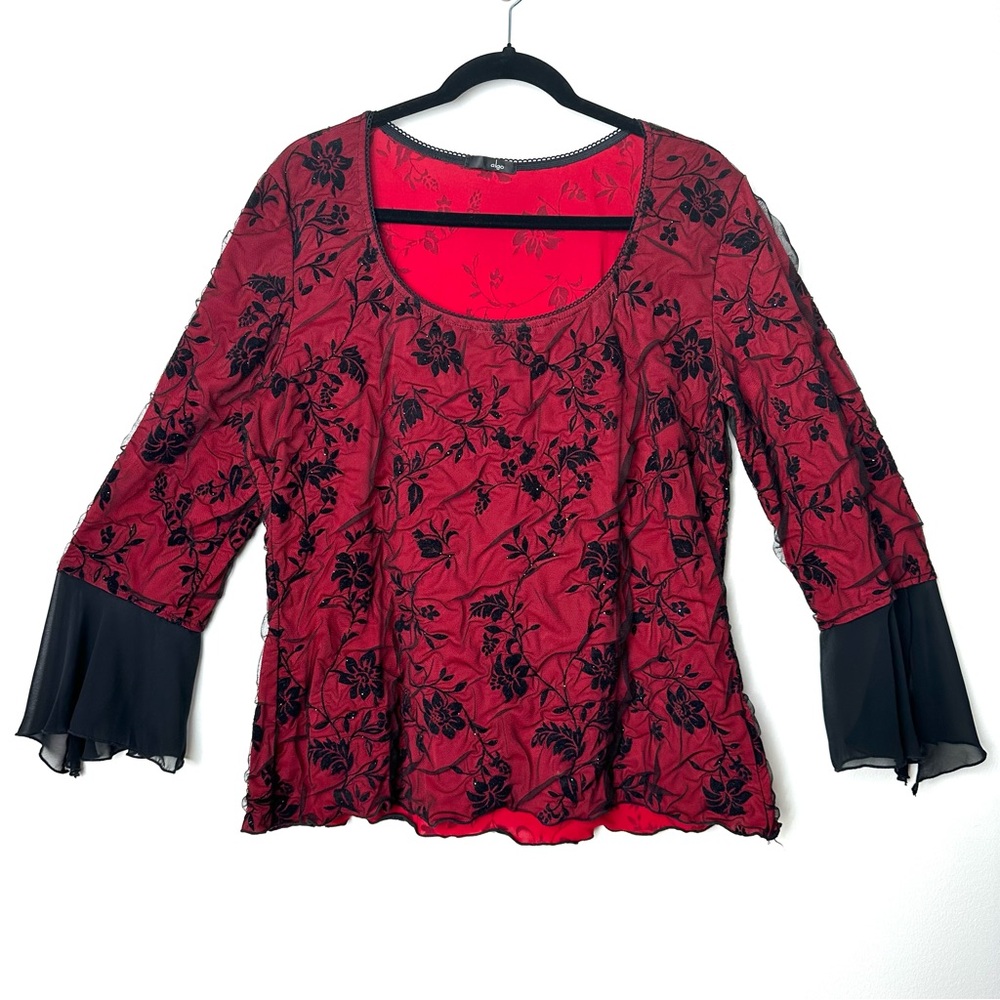 Chic Red Floral Blouse with Sheer Sleeves